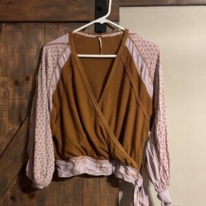 Free People Auxton Thermal Wrap Blouse with Light Pink Floral Sleeves